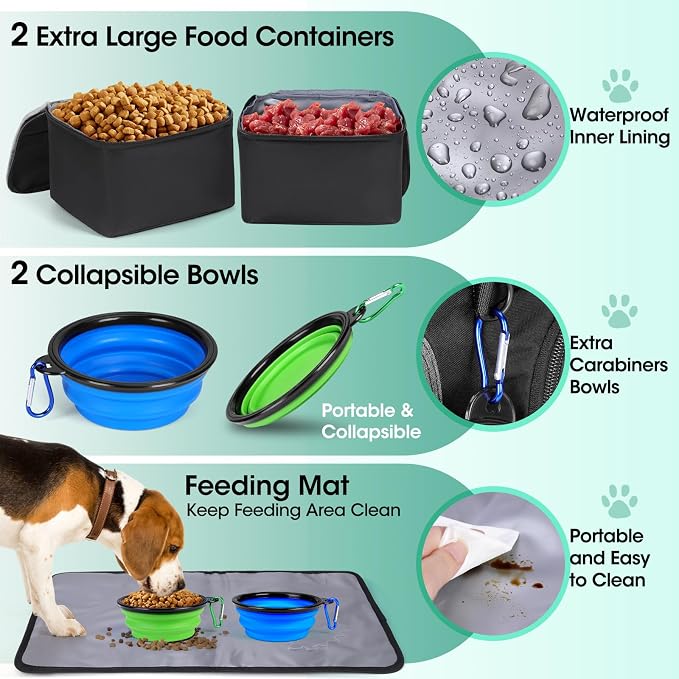 IGOLUMON Dog Travel Bag Large Pet Travel Bags Set for Supplies Weekend Travel Kit Tote Organizer Multi-Pockets Food Travel Bag with 2 Extra Large Food Containers, 2 Dog Bowls, 1 Feeding Mat