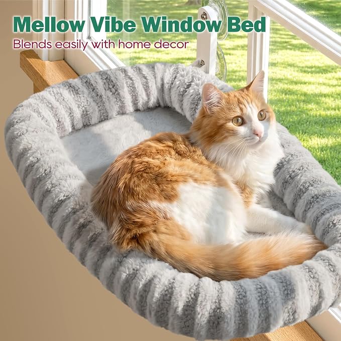 Zakkart Mellow Foldable Cat Window Perch, Upgraded Suction Cups (Gray, L) | Curtain-Friendly, Dual-Fabric Striped Machine Washable Bed, Heavy Duty ABS & Metal Frame, Hold up to 40 lbs., 24.8"W x 15.5"D