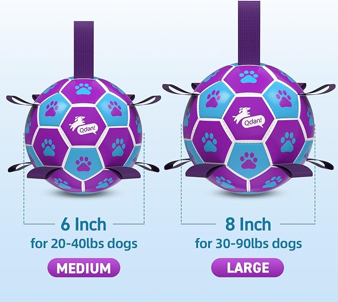 QDAN Dog Toy Soccer Ball, Durable Dog Balls for 30-90 lbs Small Medium Dogs | 8 Inch Soccer Toy with Straps, Dog Tug Toy for Tug of War, Puppy Birthday Gifts, Training Herding Balls for Outdoor, Purple