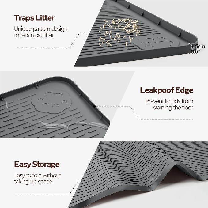 Silicone Cat Litter Mat for Litter Box 50”x35” Large Cat Mat, Dark Grey | Waterproof, Non-Slip, Leak-Proof Rug Mat with Lip, Easy to Clean, Extra Large Litter Catcher Mat for Floor