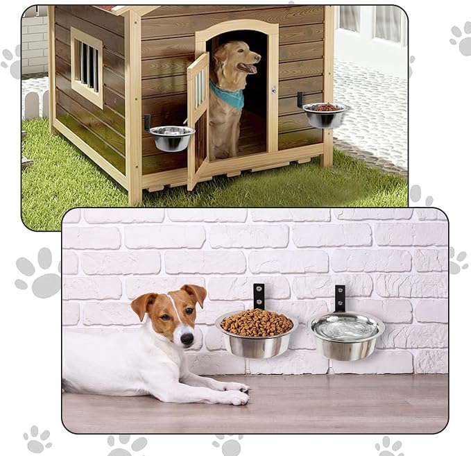 Hamiledyi 2 Pack Wall Mounted Elevated Dog Bowls - Adjustable Height Stainless Steel Raised Food & Water Bowls with Collapsible Stand for Medium & Large Dogs & Cats (M)