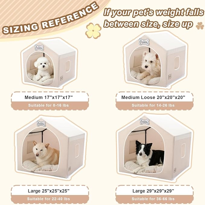 ndoor Dog House with Frame, Cute Dog Tent Bed with Cover Cave | Breathable, Washable, and Foldable House, Suitable for 36-66 Lb, Large (29"×29"×29"), Beige