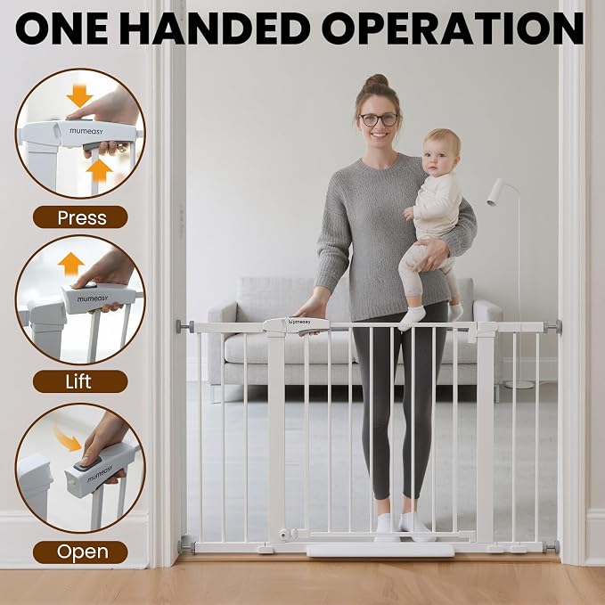 Mumeasy 29.7-46" Baby Gate, Stair Safety Gate for Round Banisters | Y spindle hardware, fits round banisters, no drill installation, auto close door, for babies toddlers and dogs