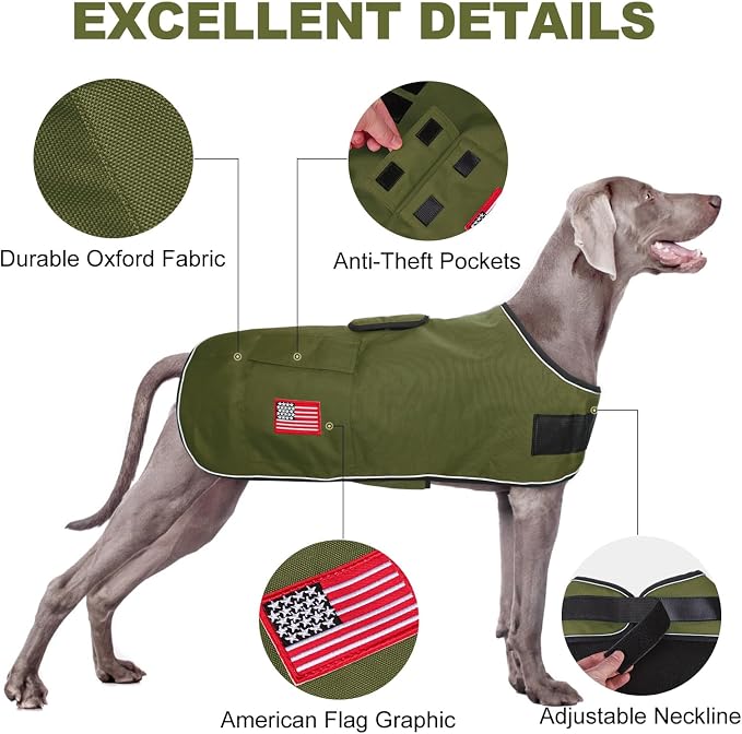 BEAUTYZOO Dog Winter Coat for Large Dogs Waterproof, Warm Reflective Great Dane Oxford Canvas Jacket, Fleece Dog Cold Weather Coats Windproof for Female Male Dogs, Green L