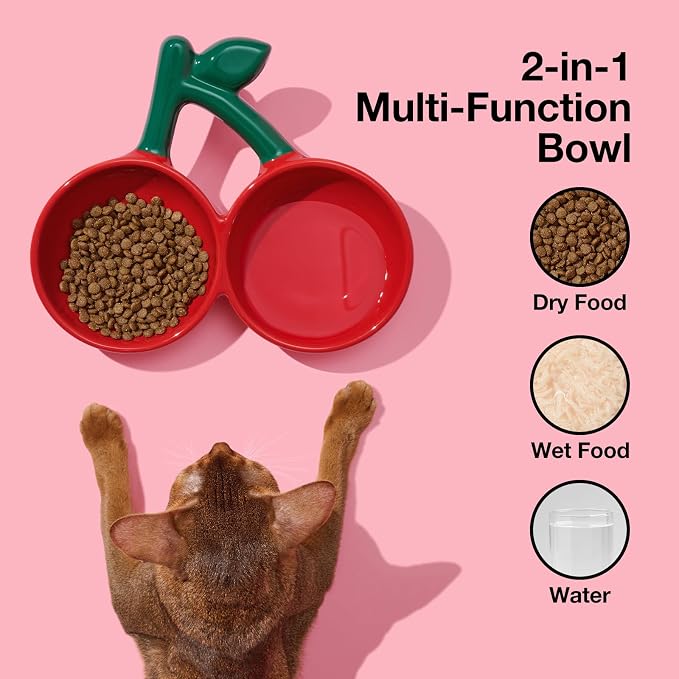 VETRESKA Ceramic Pet Bowl, Tilted Design Pet Feeder for Food and Water | Anti Vomit Cat Bowls for Indoor Cats Cute Cherry Cat Bowl Dishwasher Safe