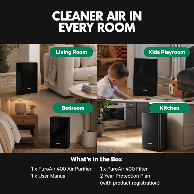 PuroAir 400 HEPA Air Purifier Large Room Air Cleaner up to 2,000 Ft² - HEPA CarbonTech Filter up to 500X Stronger - Air Quality Sensor, Auto & Quiet Sleep Modes - Air Purifiers for Large Rooms (2PK)