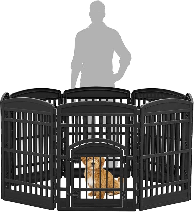 IRIS USA 8-Panel Dog Playpen, Pet Enclosure, Black | Pet Containment, Multi-Shape Setup, Flexible Boundary, Custom Pen Configuration, Tool-Free Assembly, Secure Door Latch