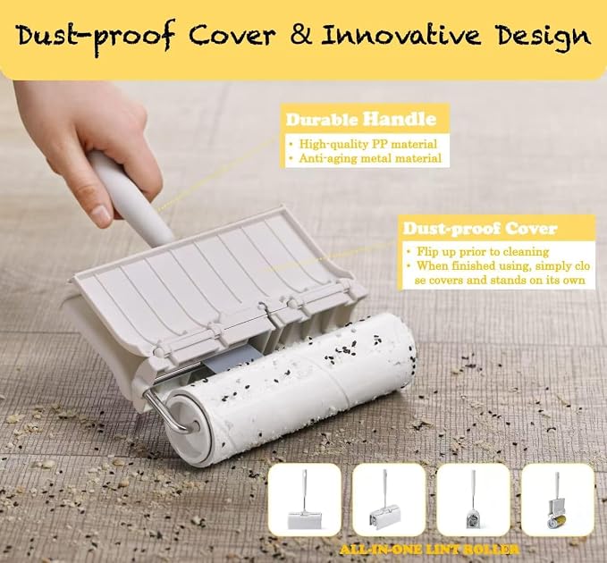 Lint Roller 6.3" with Self-Storing Cover, 240 Sheets Extra Sticky | 4 refills. Self-storing dust cover, Store anywhere – no mess. Picks pet hair, dust, debris from sofas, bedding, carpets, car.