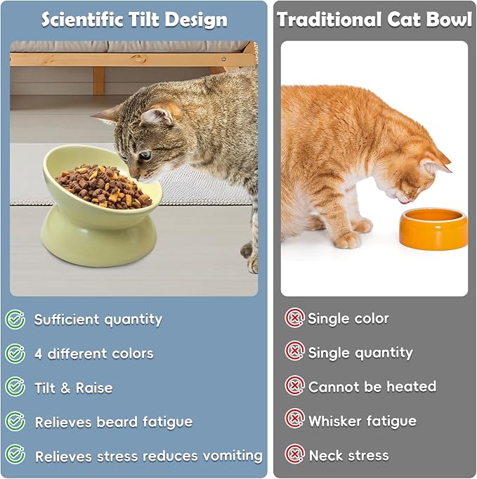 kathson 4 Pcs Ceramic Raised Cat Bowls, Elevated Tilted Cat Food Bowl, Anti Vomiting Pet Food Bowl, Colorful Porcelain Pet Feeder Dish for Cats and Small Dogs,Stress Free, Whisker Fatigue