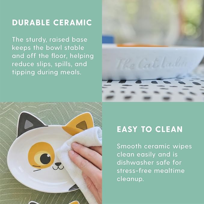 The Cat Ladies Ceramic Cat Bowls - Whisker Friendly Food Bowl - Cute Pet, Kitten Plates - Dishes for Indoor Cats - Dish for Wet Food & Water - Platos para Gatos - Calico, Small