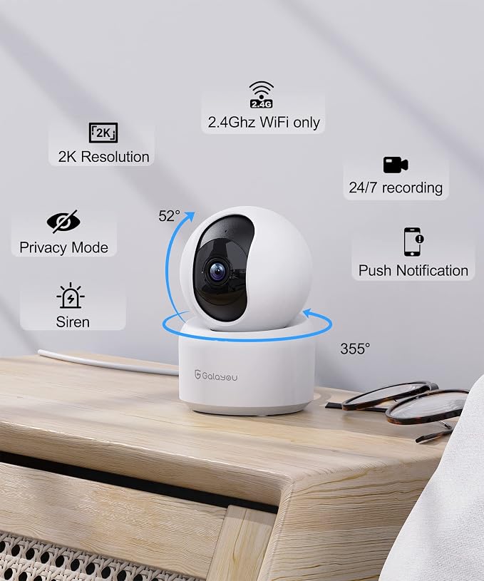 GALAYOU Indoor Camera, Pet Camera for Home Security in 2K, 2.4GHz WiFi, G2 | Nanny Camera/Baby Monitor with Night Vision, Siren, 24/7 TF Card Storage, 360° PTZ, Supports Alexa and Google Assistant