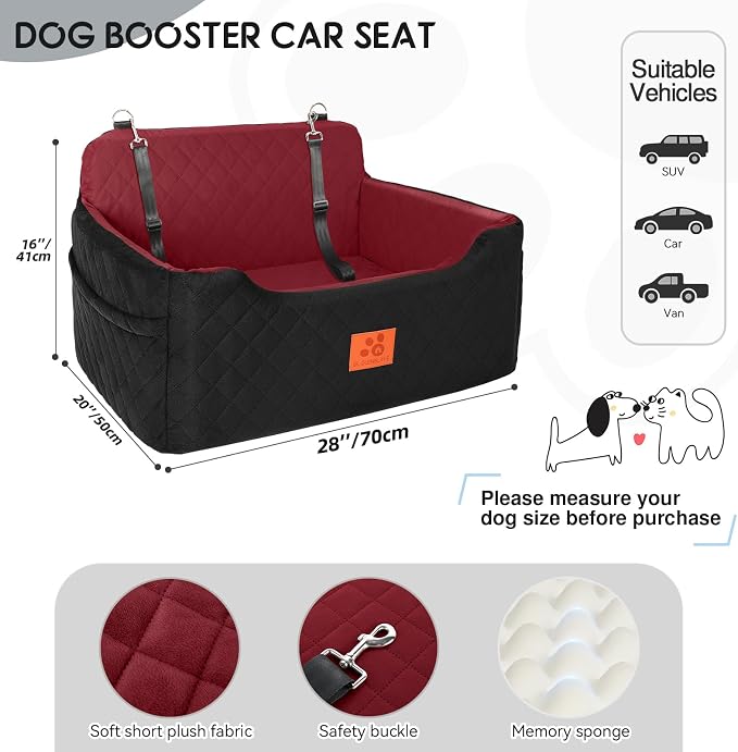 GL GLENSLAVE Dog Car Seat for Medium/Large Dogs, Dog Booster Seat for Pet Under 50lbs or 2 Small Dogs, Detachable and Washable Pet Car Bed, Multi-Functional Pet Booster Seat for Backseat(Black/Red)