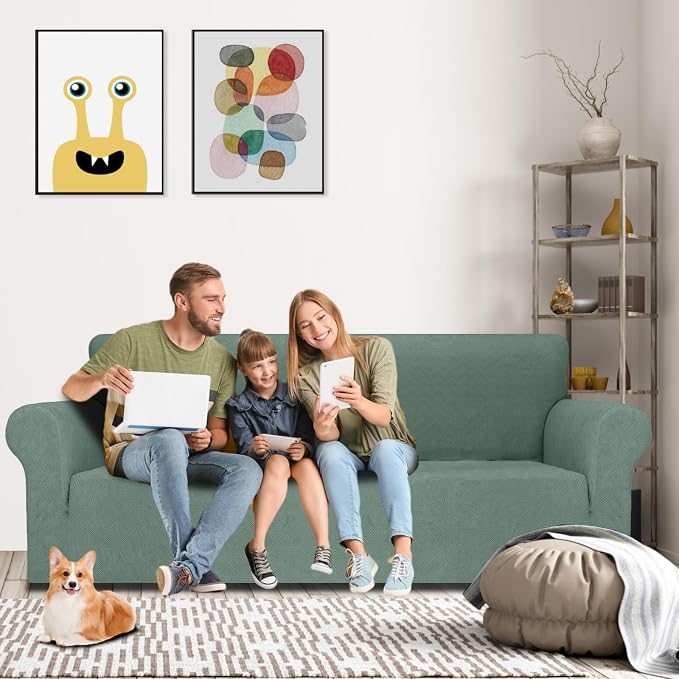 MAXIJIN Stretch Oversized Couch Covers for 3 Cushion Couch (91"-110"), 1-Piece Large Sofa Cover Slipcover Furniture Protector for Kids,Dogs (Extra Large, Diamond Pattern Pea Green)