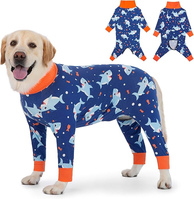 Dog Recovery Suit After Surgery Female Male, Medium Large Dog Neuter Shirt Cone Alternatives Prevent Licking Surgical Onesies (Blue Shark, 4XL)