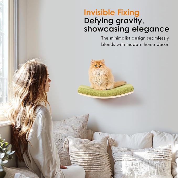 Curved Cat Shelves and Perches, Floating Cat Wall Bed with Comfortable Cushion
