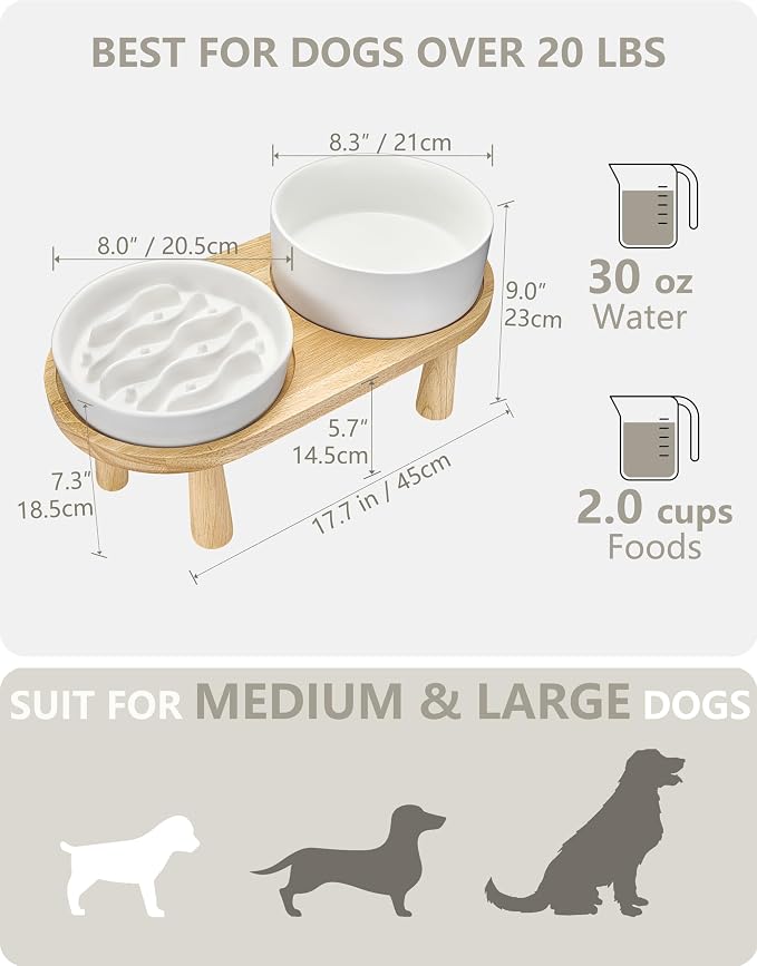 Ceramic Slow Feeder and Water Bowl Set for Medium and Large Dogs, 2.0 Cups Dog Slow Feeder(30oz) and 70oz Water Bowl Set, 8in, White