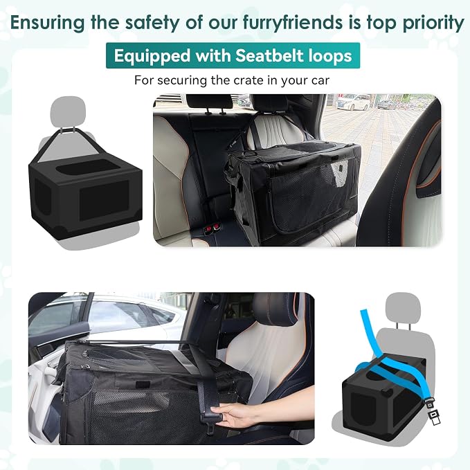 Soft Small Dog Crate - 24 inch Portable Travel Puppy Crate for Small Pets or 2 Cats, Collapsible Pet Carrier with 4 Mesh Doors, Car Kennel for Dogs with Handle for Indoor and Outdoor, Black