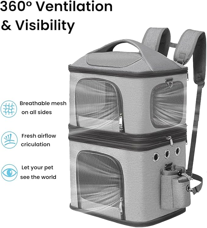 HOVONO Detachable Double Cat Backpack Carrier for 2 Pets | Pet Backpack Carrier for Small Cats & Dogs, Perfect for Traveling/Hiking /Camping/Vet Visits, up to 16 lbs Each, Grey
