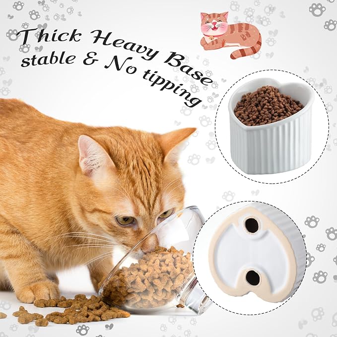 Mumufy 2 Pcs Ceramic Elevated Cat Bowls Tilted Elevated Raised Pet Bowls Anti Vomit Cat Dish for Indoor Stress Free Water Dish Feeder for Puppies, Heart Shaped(Pearly White, Black)