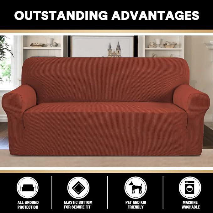 Stretch Sofa Cover Slipcover 1-Piece, Spandex Jacquard Fabric Universal Couch Cover for 3 Cushion, Washable Non Slip Sofa Cover, Pet Friendly (Sofa 74" - 88", Rust)