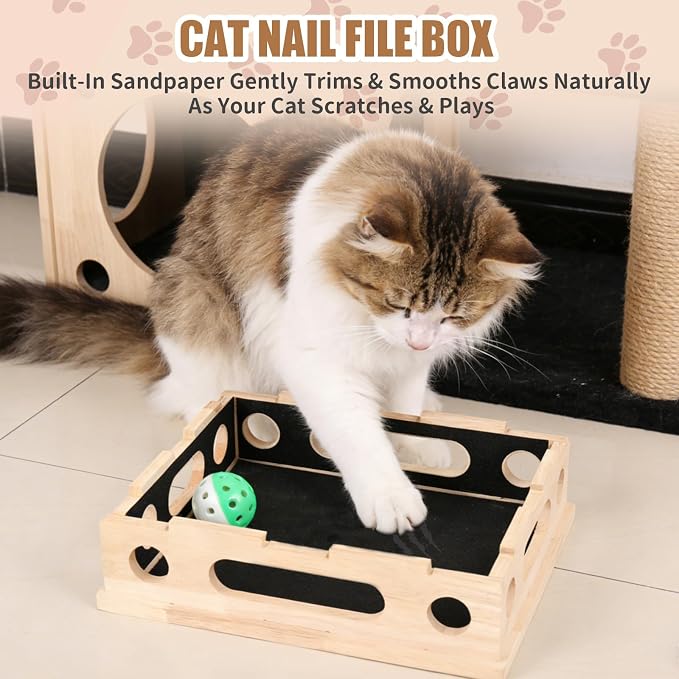 Cat Scratch Puzzle Enrichment Box, Wood Interactive Cat Toy with Sandpaper | Indoor Cat Nail File Box, Claw Craft Cat Nail Trimmer Box for Kitten, Cat Puzzle Toy, Nail Clipper(No Bell Ball)