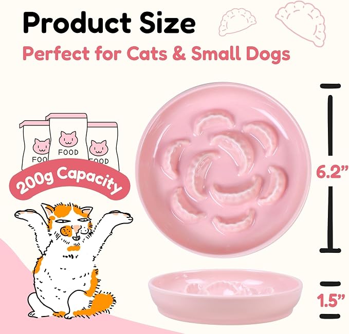 Ceramic Cat Slow Feeder Bowl Set, 2 Pcs Dumpling Shape Cat Food Plates, 6.2" W Wide Shallow Whisker Friendly Slow Feeding Cat Bowls for Dry Food, Wet Food & Treats, Dishwasher Safe (Pink + Blue)