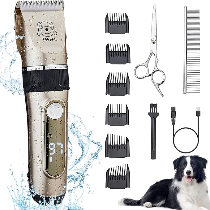 IWEEL Dog Clippers Grooming Kit for Dogs Cats Pets, 2-Speed Heavy Duty | 6 Guide Combs, Low Noise IPX 7 Waterproof Cat Shaver Electric Dog Trimmer Pet Grooming Kit