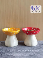 Mushroom Elevated Cat Bowls Ceramic, Cute Cat Bowls Whisker Fatigue | Raised Cat Bowl for Indoor Cats, Raised Dog Bowls Stand for Food and Water, Red+Yellow 6" Wide for Adult Cats