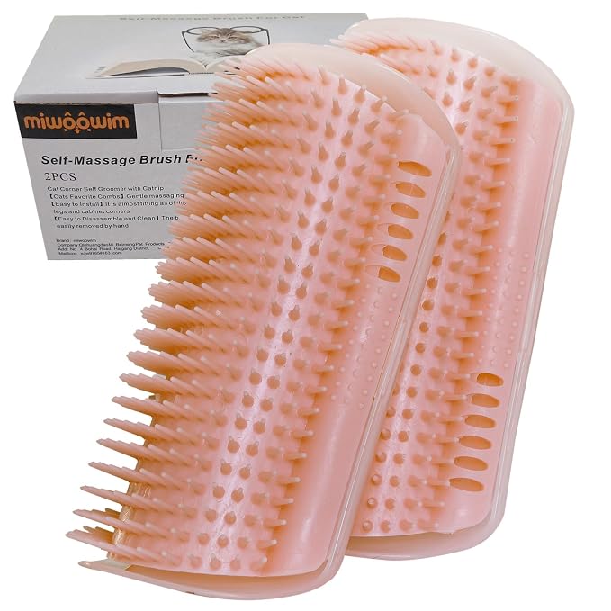miwoowim 2 Pack 6.1" Extended Cat Self Groomer, Wall Corner Massage Brush | Mounts on walls/corners/legs with stickers or screws. Easy disassembly for cleaning. Catnip helps attract.Massage Comb
