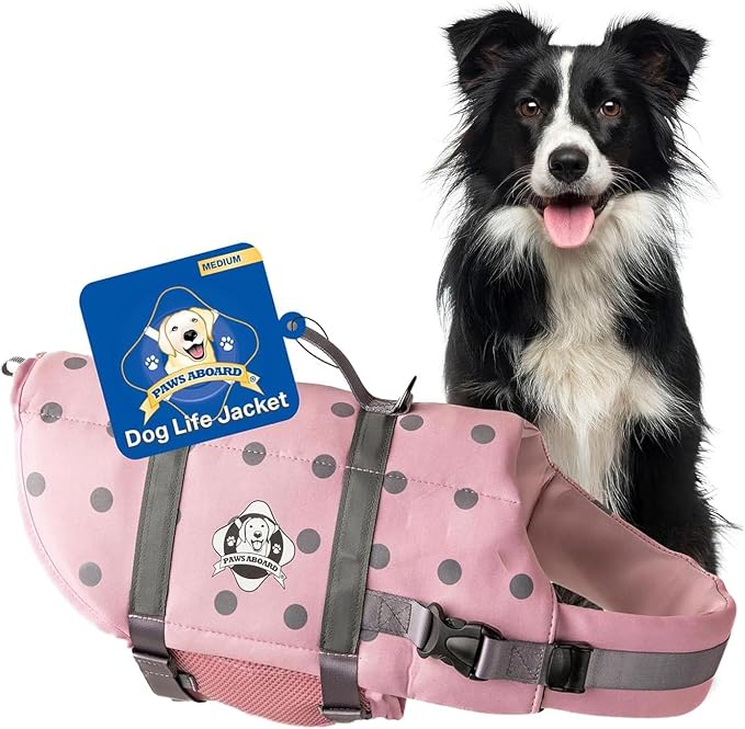 Dog Life Jacket — Premium Swim Vest with SafeChin Anti-Choke Collar | PAWS Aboard Pink | RapidLift Rescue Handle, D-Ring, Reflective Trim | Boating, Kayaking, Pool | Medium (25–50 lbs)