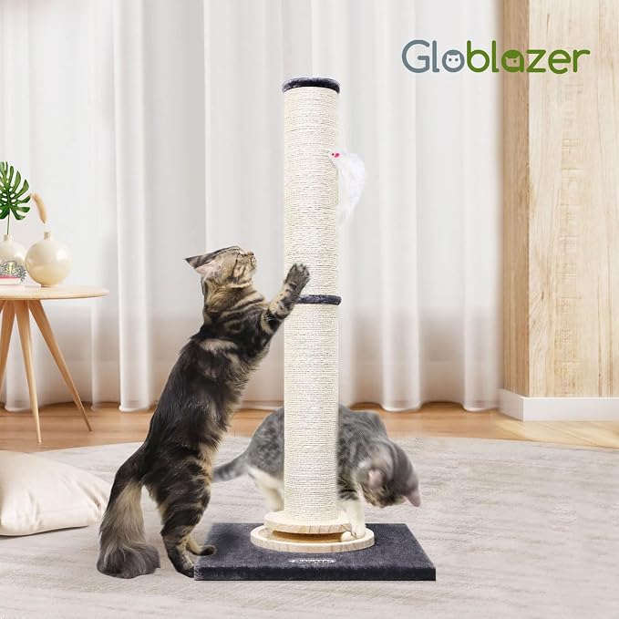 Globlazer 35in Tall 3.9-in Thick Cat Scratching Post for Adult Cats, SC35 | Durable Natural Sisal Rope, Solid Wood Track Ball Game, Interactive Hanging Toy, Enlarged Base, Custom Tier