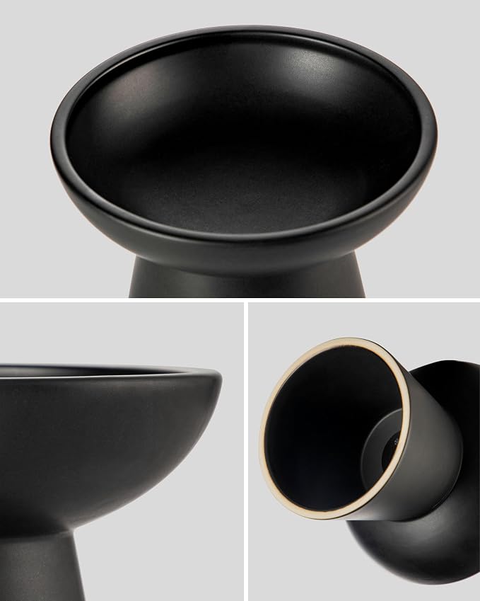 vancasso Elevated Cat Food Bowls 2-Pack, 6.2" Wide Shallow Cat Feeding Bowl for Whisker Fatigue, 5.1" Height Ceramic Raised Food Bowls for Senior Cats, Anti Vomit, Black