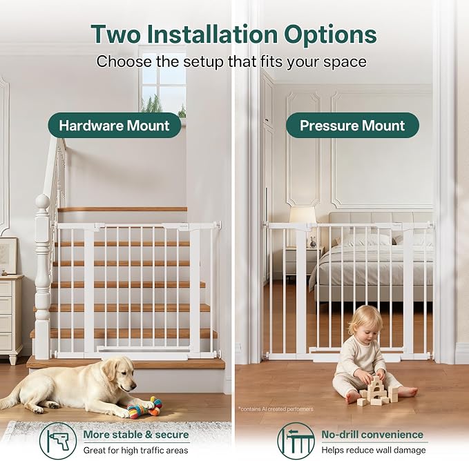 InnoTruth 27-36.6 in Wide Baby Gate for Stairs and Doorways, White | Indoor Metal Dog Gate for Pets, Auto Close 2 Way Swing Walk Through Door, Double Lock & Y-Bolts, Pressure or Hardware Mount