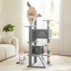 DUMOS 54 Inch Cat Tree Tower with Scratching Post, Light Grey | Indoor Multi-Level Pet House for Large Cats with 2 Condos, Round Platform, Small Ladder, and Toys