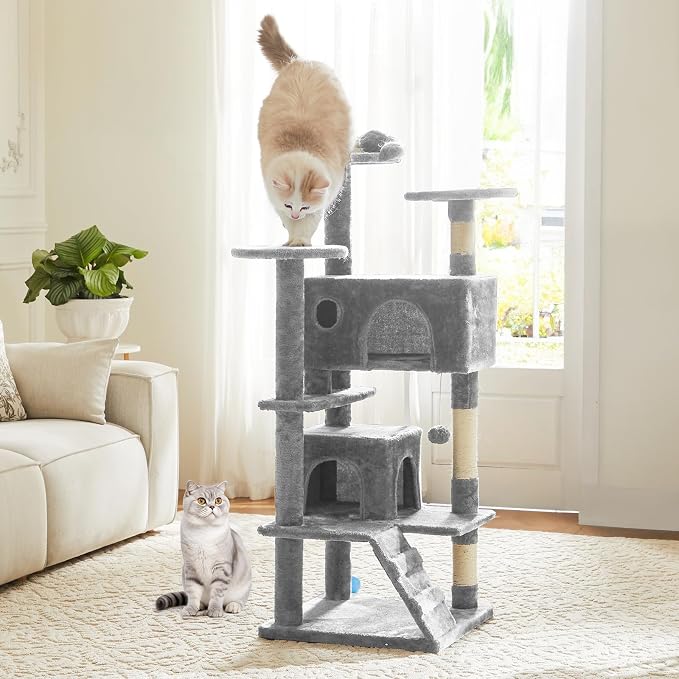 DUMOS 54 Inch Cat Tree Tower with Scratching Post, Light Grey | Indoor Multi-Level Pet House for Large Cats with 2 Condos, Round Platform, Small Ladder, and Toys