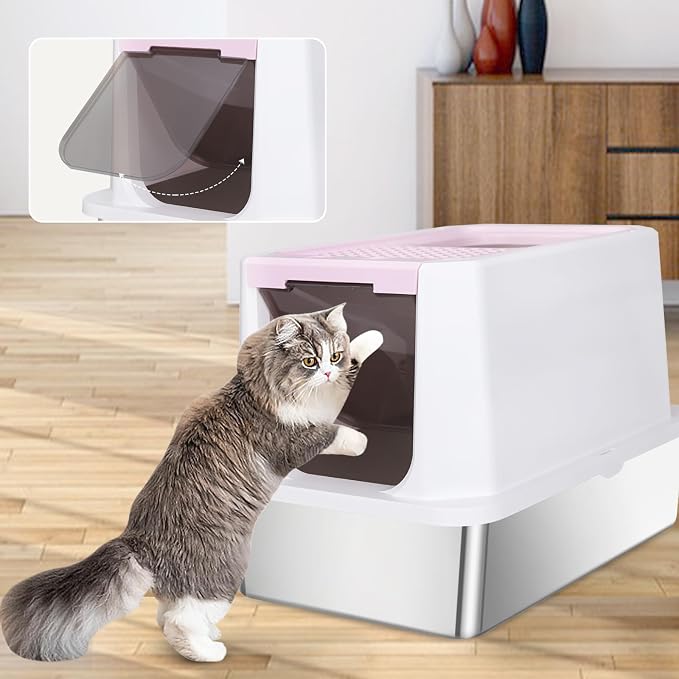 RIZZARI Stainless Enclosed Litter Box: with Scoop & Odor Control | 304 Stainless Basin / Wide Top Opening / Privacy Enclosure / Top & Swing Dual Entry / Anti-Leakage Raised Rim