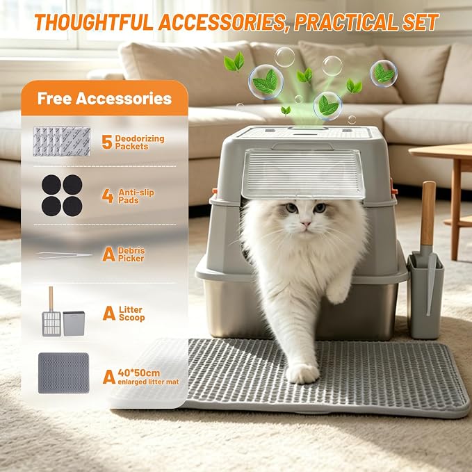 Stainless Steel Litter Box with Lid & Cat Litter Scoop Mat Grey | Deodorizer Cat Metal Litter Box High Sided Enclosure Covered Litter Box Extra Large Litter Boxes for Big Cats