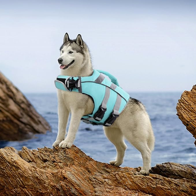 Kuoser Reflective Dog Life Jacket, Dog Life Vest for Swimming Boating | Adjustable Pet Lifejackets, High Flotation Doggie Swimsuit with Rescue Handle for Small Medium Large Dogs