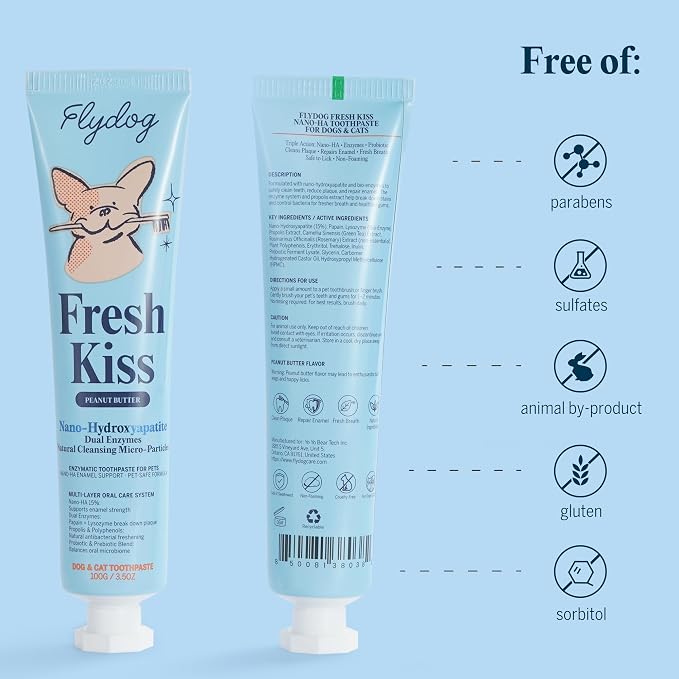 FlyDog Fresh Kiss Remineralizing Toothpaste for Dogs & Cats, Vet Approved Nano-Hydroxyapatite Dog Toothpaste - Rebuild Enamel, Remove Tartar & Plaque, Freshen Breath, Plant-Based 3.5oz (Peanut Butter)