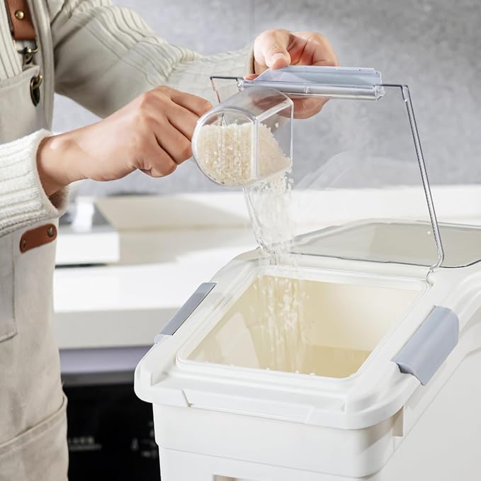 15 Liter / 30 lbs Rice Storage Container with Measuring Cup, BPA free, For Rice | Grain | Pet Food | Flour, 1 count, White
