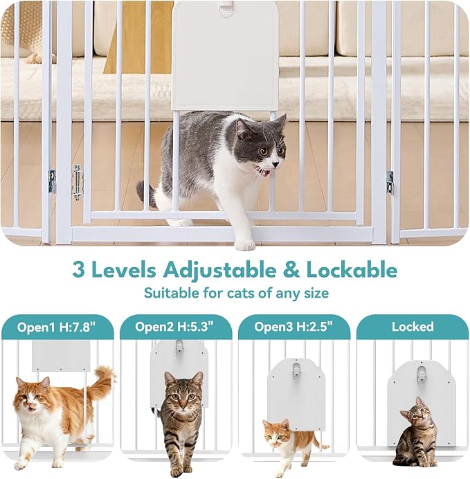 No Pawblems Full Metal Freestanding Dog Gate with Cat Door, 30" Tall | Foldable Pet Gate for Indoor/Outdoor, Zoned management, Dog Fence for Families with Multiple Pets, 156" Wide, 6 Panels, White