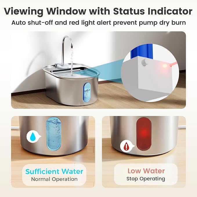 Stainless Steel Cat Water Fountain, 108oz/3.2L with 1 Filter | Auto Shut Off, Quiet Pump, Water Level Indicator, Dry-Run Protection, Large Oval Pet Water Dispenser for Cats and Dogs