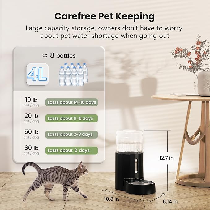 CZPET Automatic 4L/135Oz/1Gal Cat Water Dispenser with Stainless Steel Bowl, Gravity Waterer for Small Medium Dog Puppy Kitten (Black) | With Stainless Steel Bowl, Gravity Waterer for Small Medium Dog Puppy Kitten