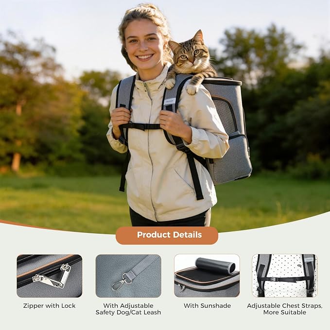 Lekereise Pet Carrier Backpack Expandable Cat Backpack Carrier for Small Dogs Large Cats Puppies, Dog Backpack Carrier for Hiking Travel Outdoor Hold Pets Up to 20 25 Lbs, Grey