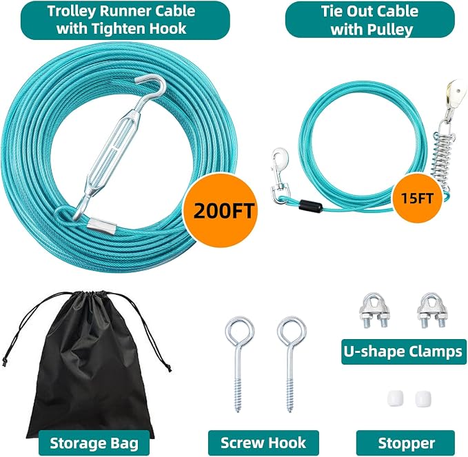 Dog Runner for Yard, Trolley System, 200FT+15FT, Blue | Chew-resistant Cable, Shock Spring Softens Pulls, 360° Swivel Reduce Tangles