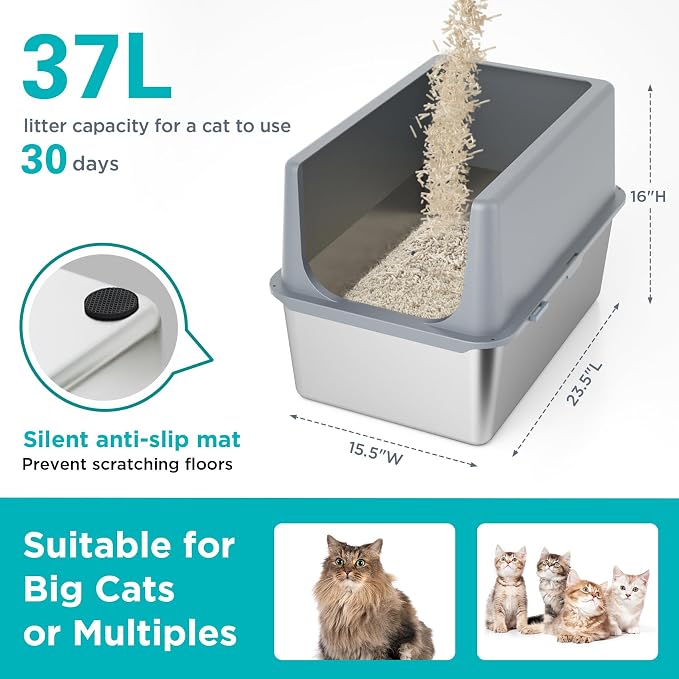 Stainless Steel Cat Litter Box with Lid,Metal Cat Litter Box,23.5x15.5x16in | Cat Litter Pan for Large Cats, Non-Sticky Large Kitty Litter Box Easy to Clean, Anti-Leakage,xxxl