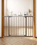 Baby Gate for Stairs, 30'' Tall 29.5-46" Extra Wide Dog Gate for Stairs Walk Thru Auto Close Metal Pet Gate for The House, Stairs and Doorways Child Gate Pressure Mounted Safety Gate Indoor - Brown