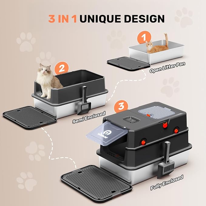 Stainless Steel Litter Box with Lid, Anti-Leakage Enclosed Metal Litter Box, Flip-Top Extra Large Kitty Litter Pan with Scoop & Pedal, Odor Free, Front & Top Dual Entry, Black
