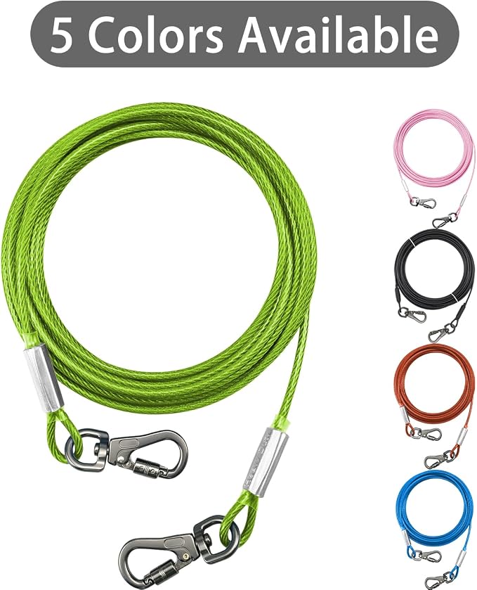 Dog Tie Out Cable - Chew Proof Steel Wire Lead - 360° Tangle Free Outdoor Leash for Pups - Dog Runner Cable for Small to Medium Dogs (Green, 45lbs/10ft)