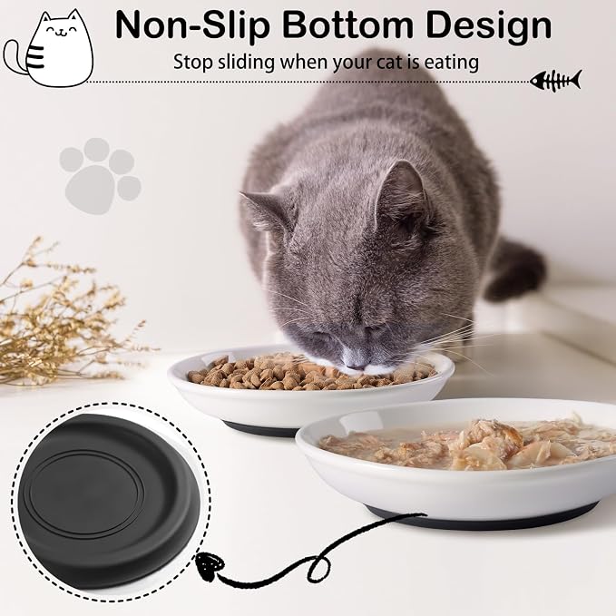 WROSWT Cat Food Bowl,Healthy Ceramic Cat Bowls for Indoor Cats,Anti Whisker Fatigue Cats Dishes Set,Shallow Wide Kitten Plates for Food and Water,Non-Slip Silicone Bottom,3 Pack